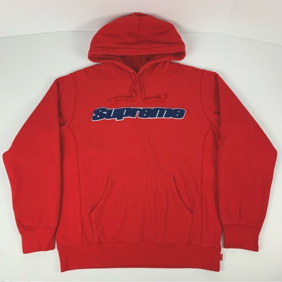 Supreme Hoodie 19SS Red Blue Chenille Logo Skater SweatShirt Mens Size Large - Picture 1 of 13